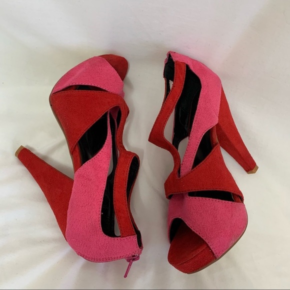 Liliana Red suede red pink straps hidden platform heel sandals duo tone peep toe - Picture 13 of 16
